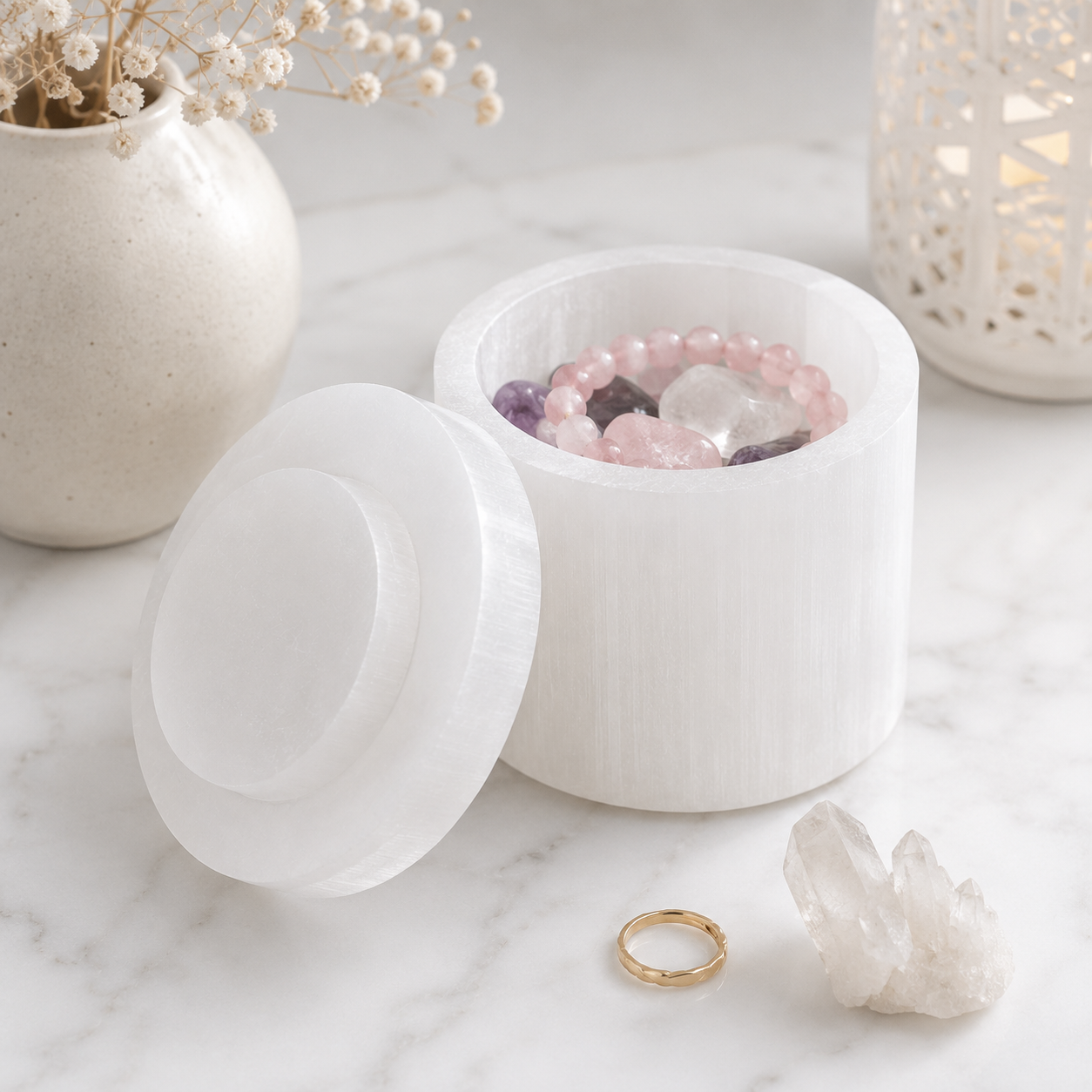 Round Selenite Crystal Charging & Jewellery Box | Cleansing & Protection