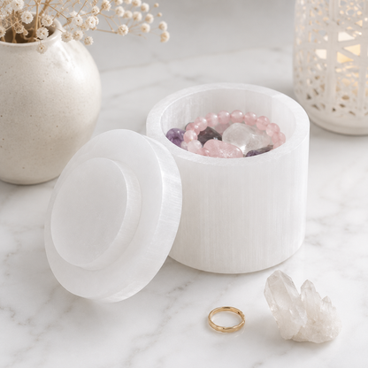 Round Selenite Crystal Charging & Jewellery Box | Cleansing & Protection