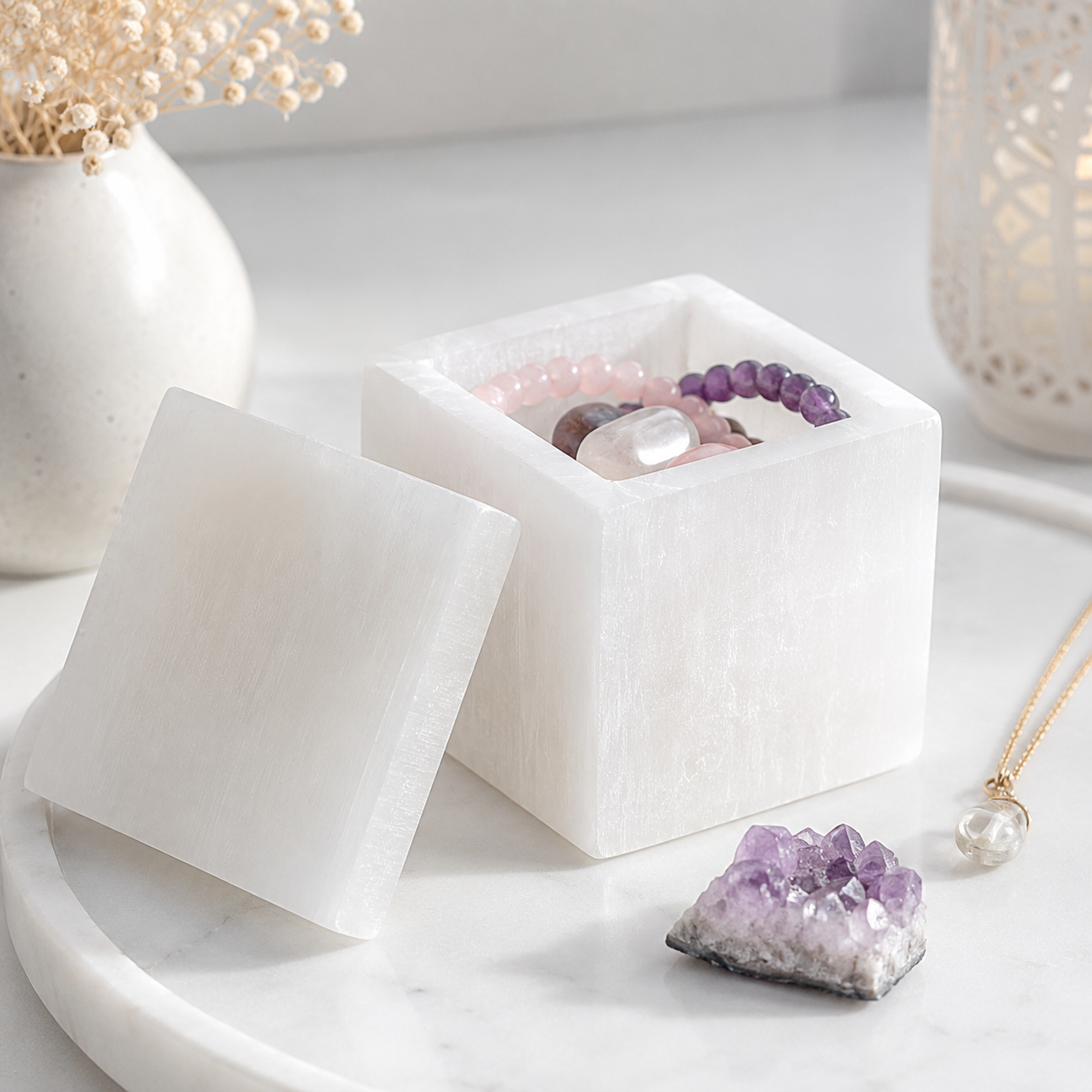 Square Selenite Crystal Charging & Jewellery Box | Cleansing & Protection