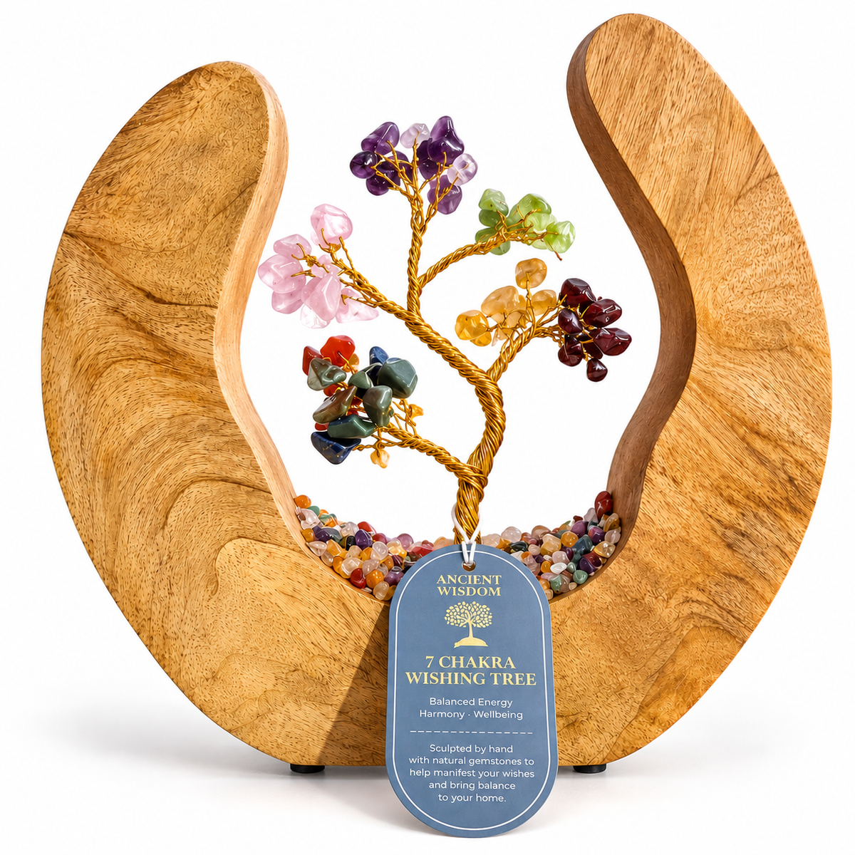 Seven Chakra Wishing Tree in Open Mango Wood | Gemstone Tree Garden - Crystal Nest