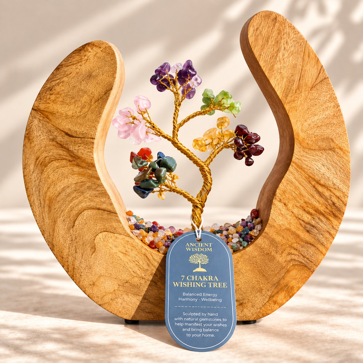 Seven Chakra Wishing Tree in Open Mango Wood | Gemstone Tree Garden - Crystal Nest