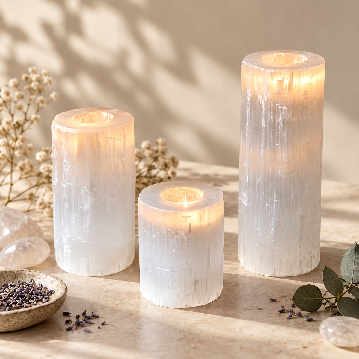 3-Piece Selenite Tower Candle Holder Set