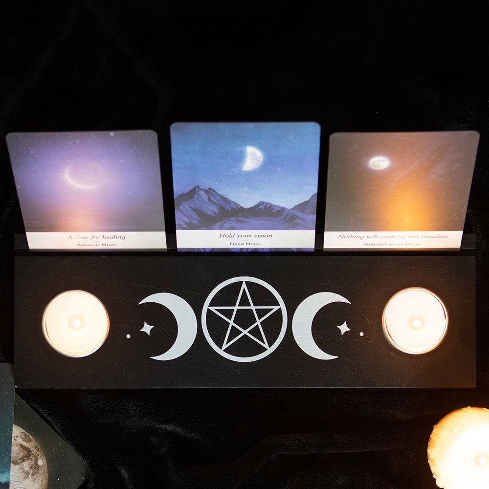 Black Triple Moon Tarot Card Stand with Tealight Holders - Crystal Nest