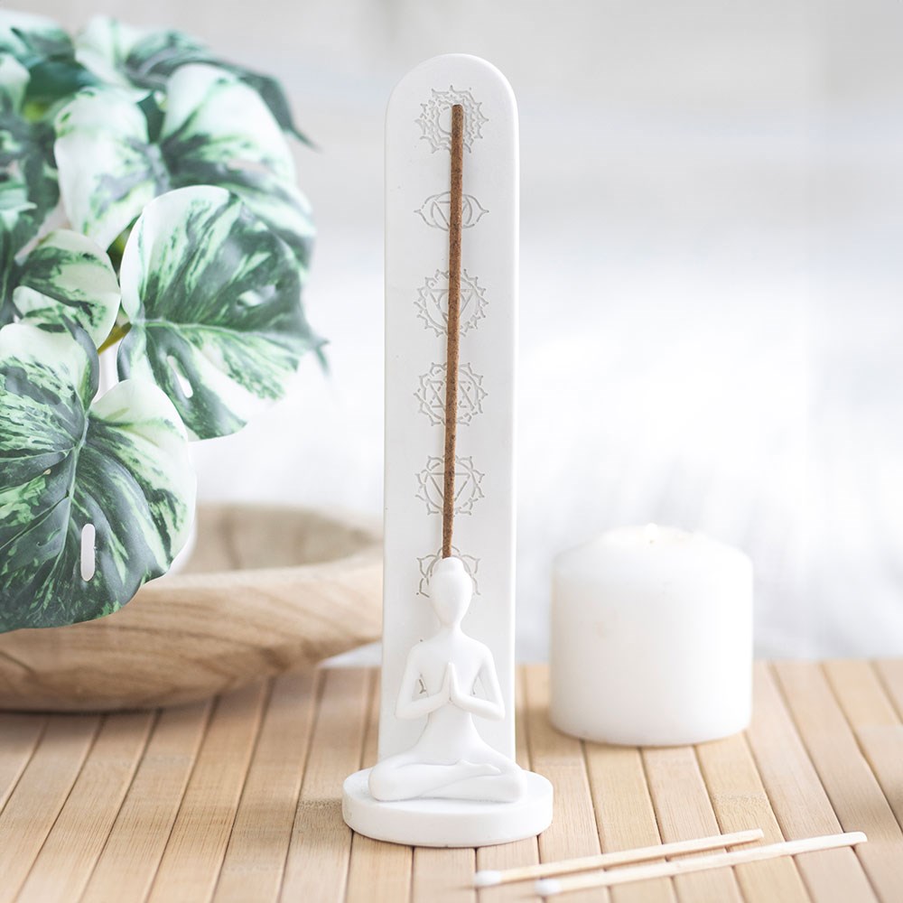 White Chakra Incense Holder with Lotus Pose Figure - Crystal Nest