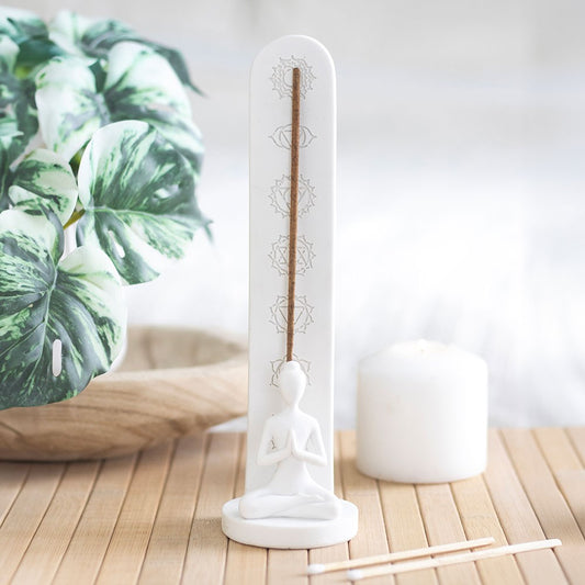 White Chakra Incense Holder with Lotus Pose Figure - Crystal Nest