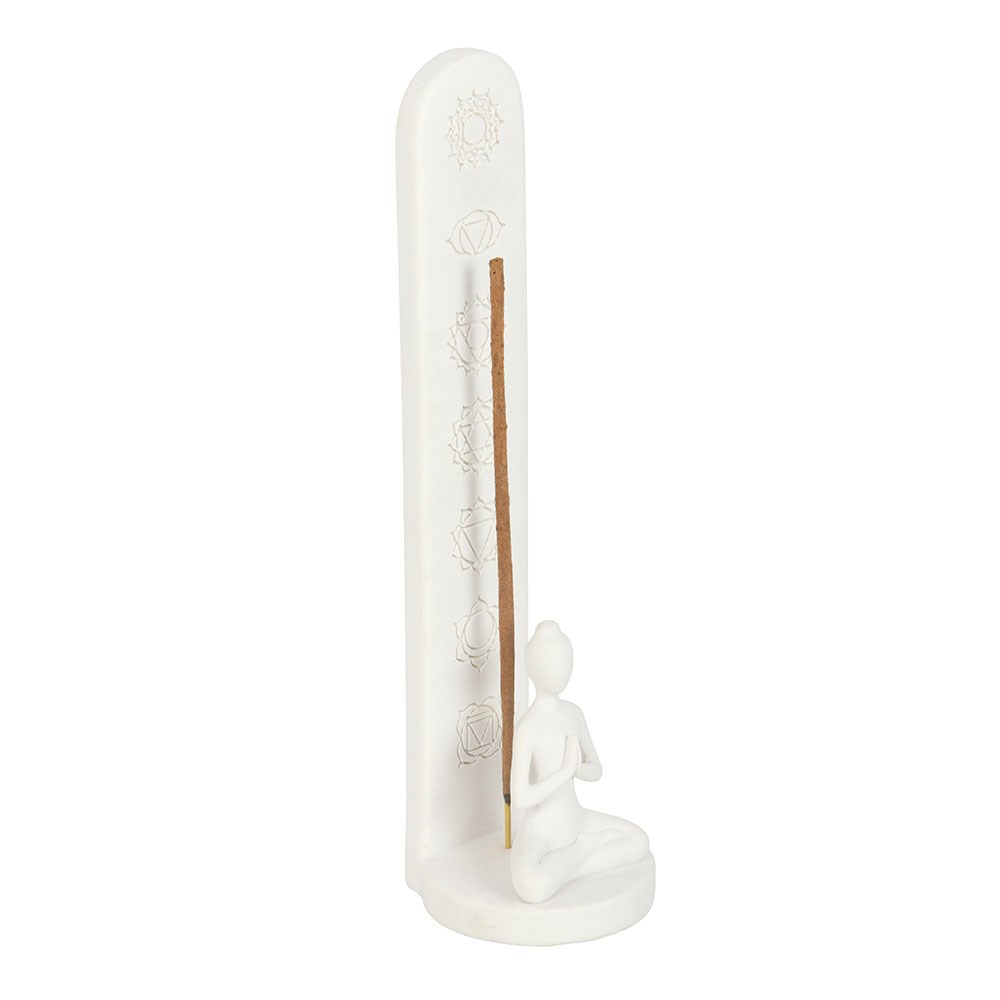 White Chakra Incense Holder with Lotus Pose Figure - Crystal Nest
