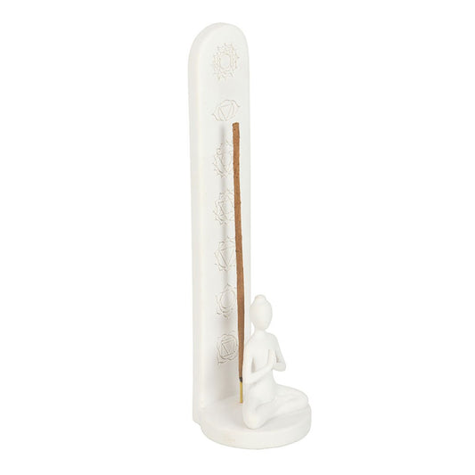 White Chakra Incense Holder with Lotus Pose Figure - Crystal Nest