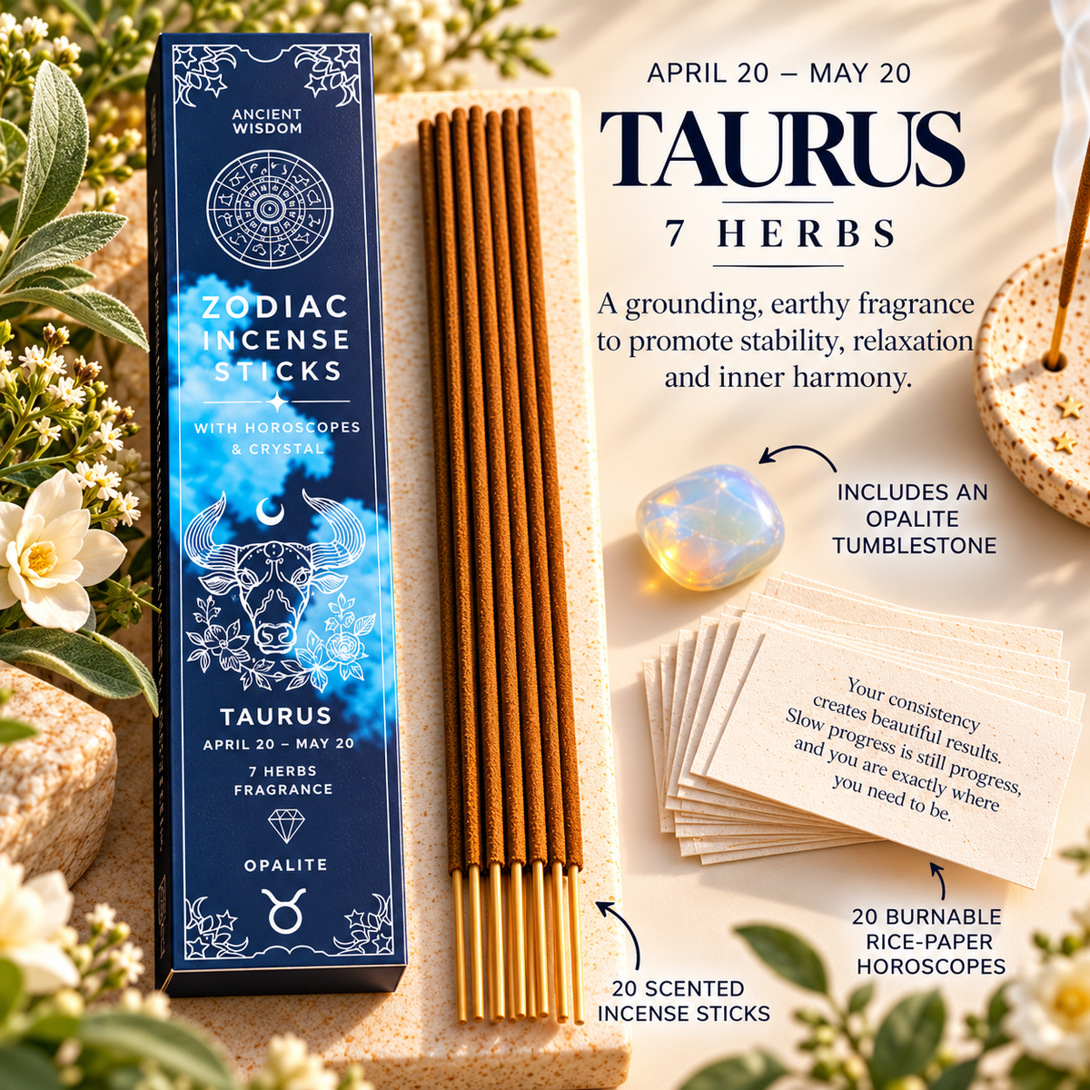 Zodiac Incense Sticks, Crystal & Horoscope Set