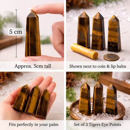 Tiger’s Eye Obelisk Points | Protection & Confidence Crystal Towers | Set of 3