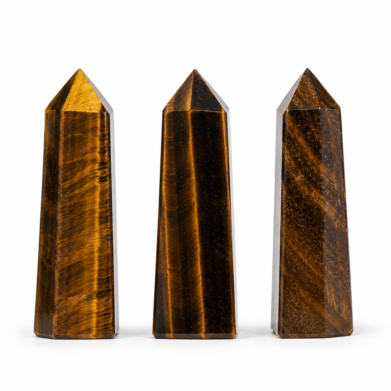 Tiger’s Eye Obelisk Points | Protection & Confidence Crystal Towers | Set of 3