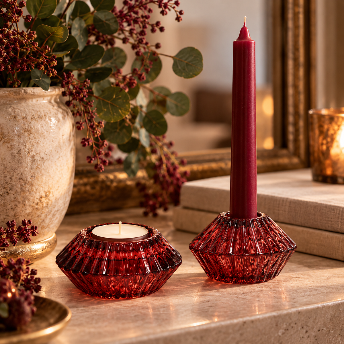 Vintage Burgundy Glass Reversible Candle Holder | Taper & Tealight