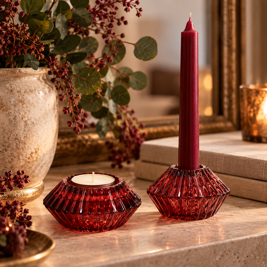 Vintage Burgundy Glass Reversible Candle Holder | Taper & Tealight