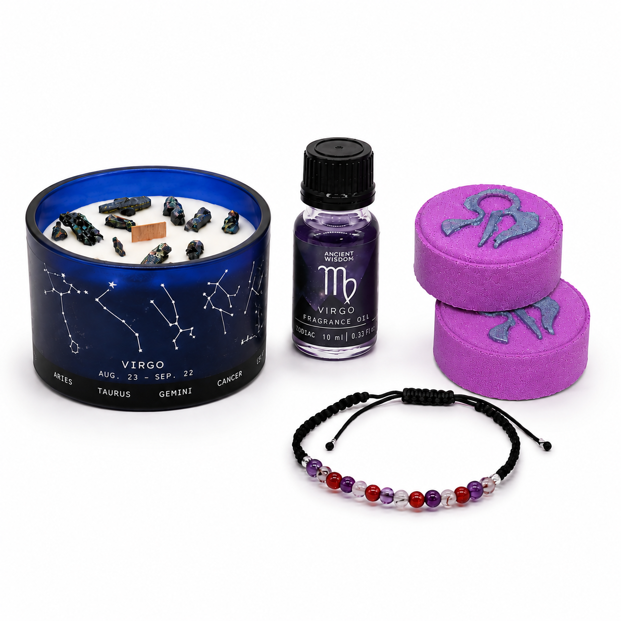 Virgo Zodiac Gift Set | Candle, Bath Fizzers, Fragrance Oil & Bracelet
