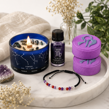 Virgo Zodiac Gift Set | Candle, Bath Fizzers, Fragrance Oil & Bracelet