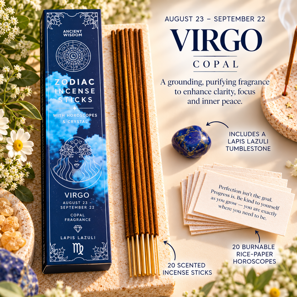 Zodiac Incense Sticks, Crystal & Horoscope Set