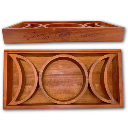 Wooden Triple Moon Altar Tray | Crystal, Candle & Tarot Card Display - Crystal Nest