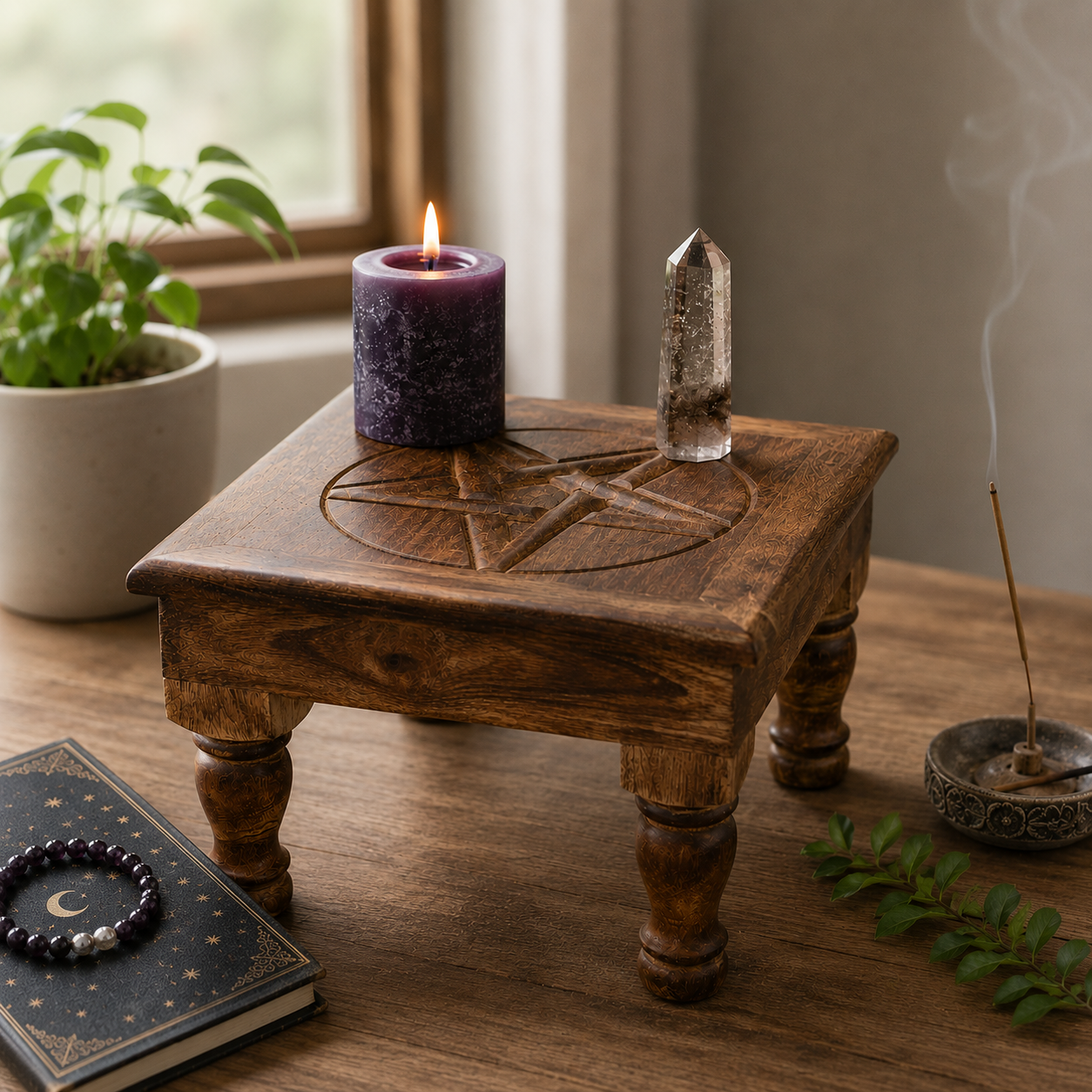 Pentagram Wooden Altar Table | Ritual & Crystal Display Stand