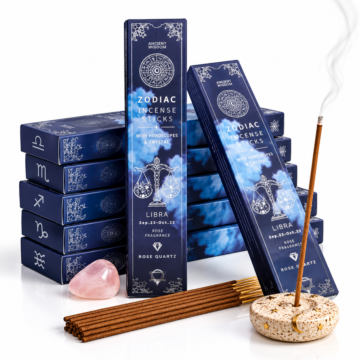 Zodiac Incense Sticks, Crystal & Horoscope Set