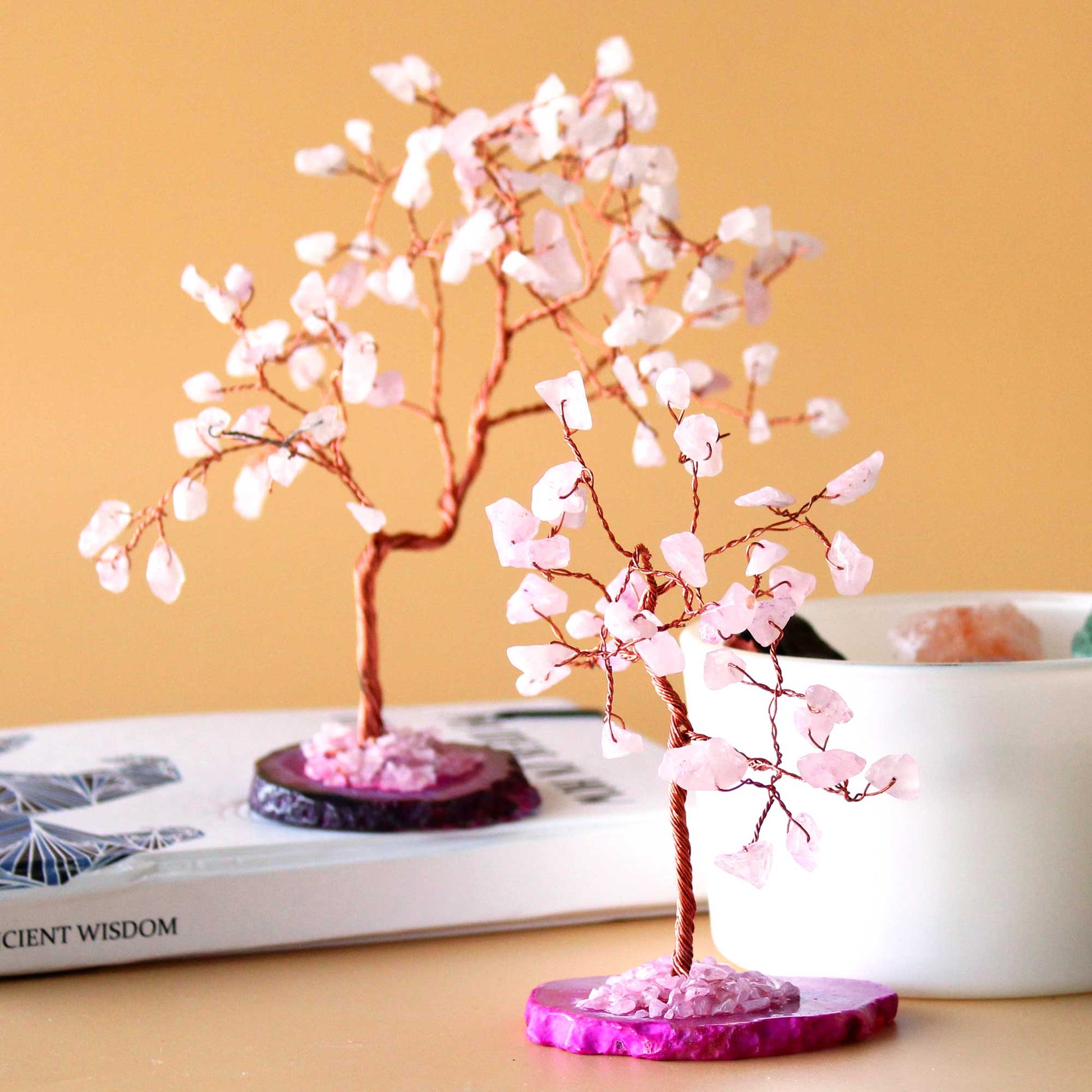 Small Rose Quartz Gemstone Tree on Pink Agate Base - Crystal Nest