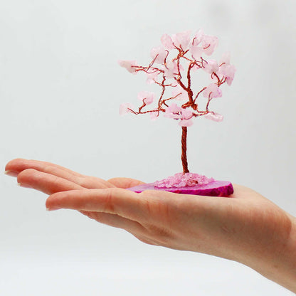 Small Rose Quartz Gemstone Tree on Pink Agate Base - Crystal Nest