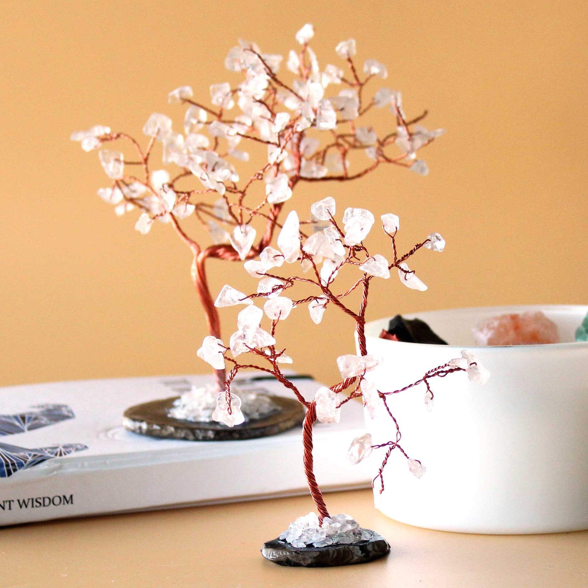 Small Rock Quartz Gemstone Tree on Black Agate Base - Crystal Nest