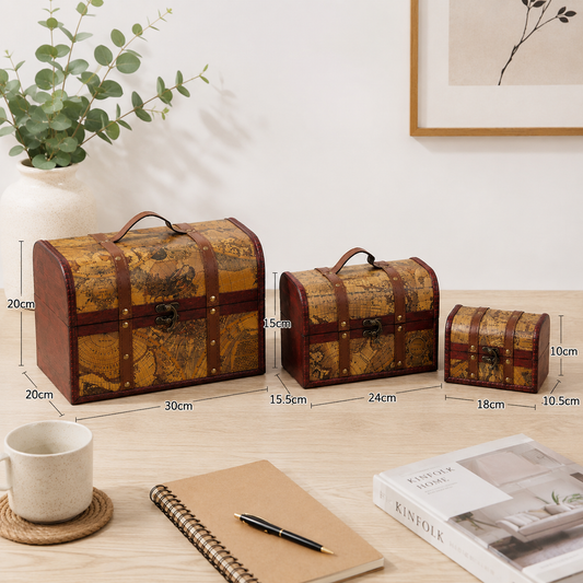 Vintage World Map Treasure Chest Storage Boxes | Set of 3