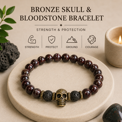 Bronze Skull & Bloodstone Bracelet | Strength & Protection