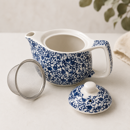 Blue Floral Ceramic Tea Set with Infuser & Cups