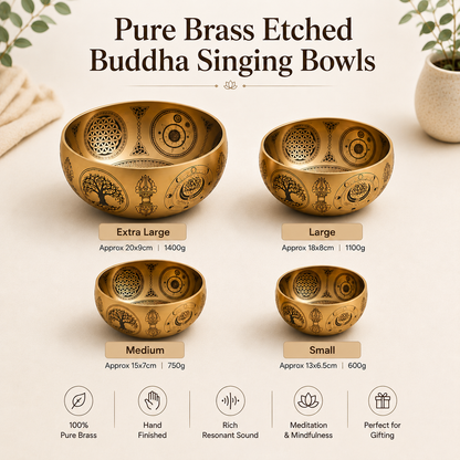 Pure Brass Etched Buddha Singing Bowl | Meditation & Sound Healing Bowl