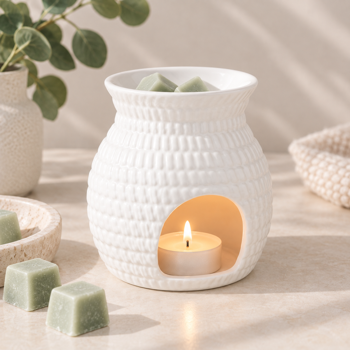 White Woven Basket Oil Burner & Wax Warmer