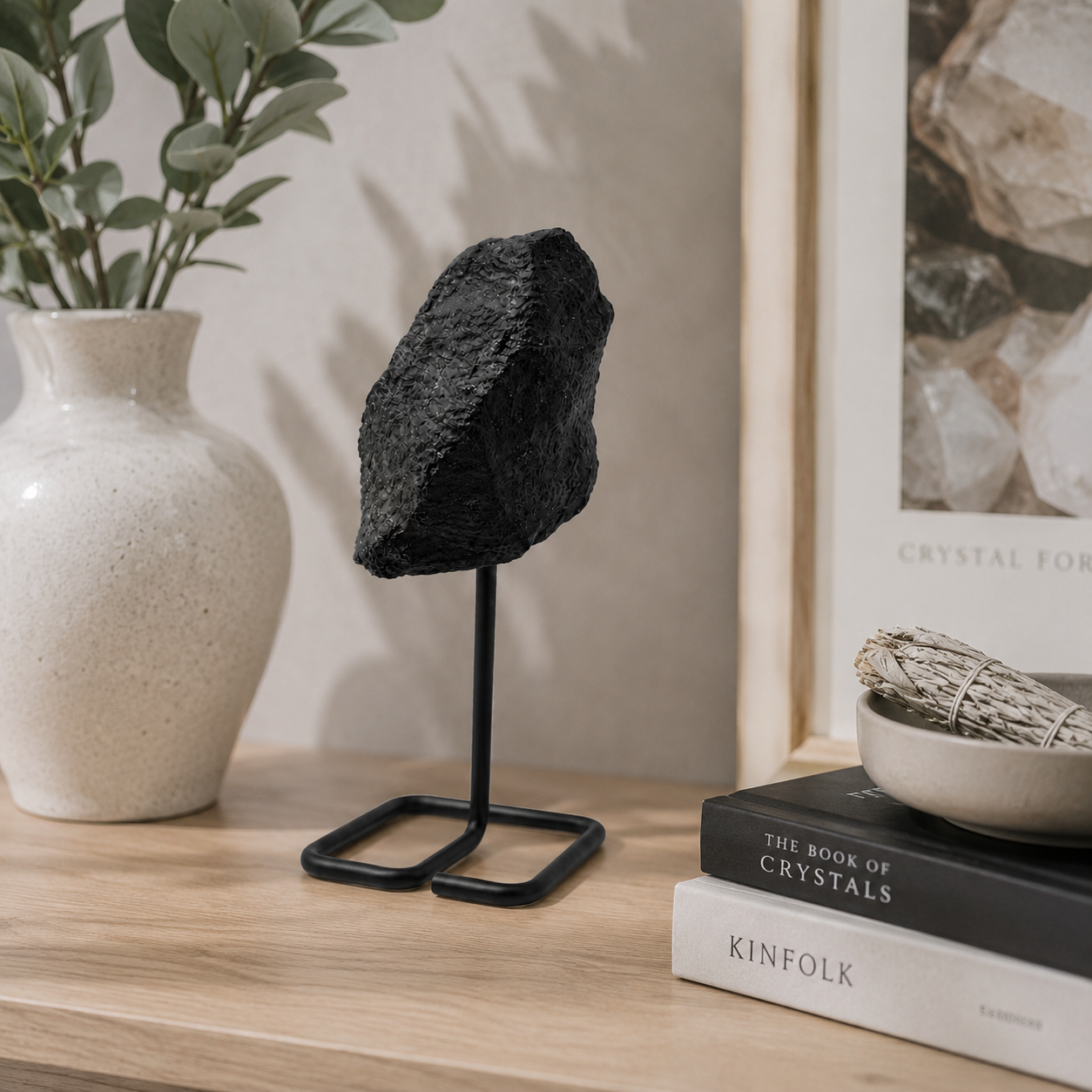 Black Tourmaline Crystal on Metal Stand