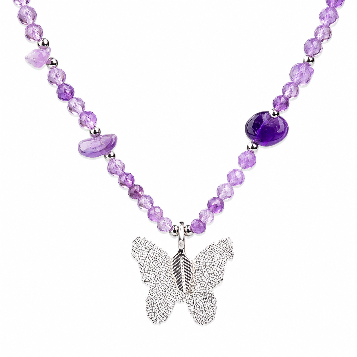 Amethyst Gemstone Necklace with Real Leaf Butterfly Pendant