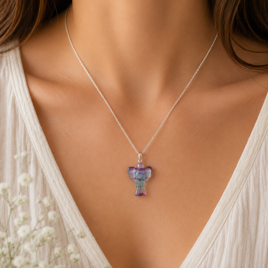 Rainbow Fluorite Angel Charm Pendant | Sterling Silver