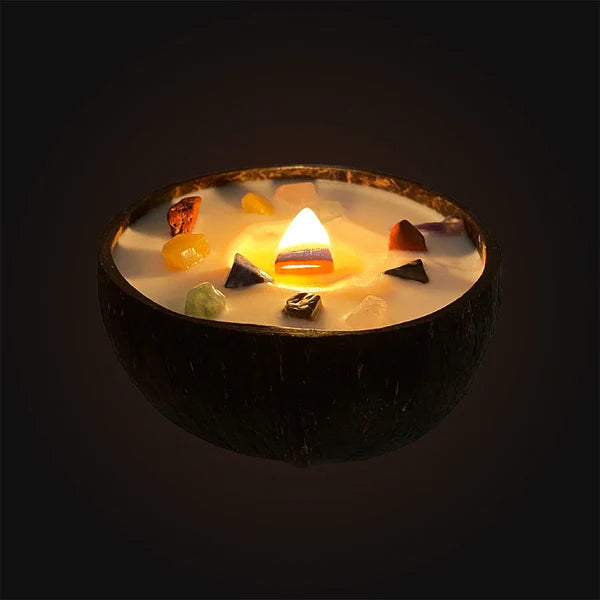 Coconut Shell Meditation Soy Candle | 7 Chakra Gemstones - Crystal Nest