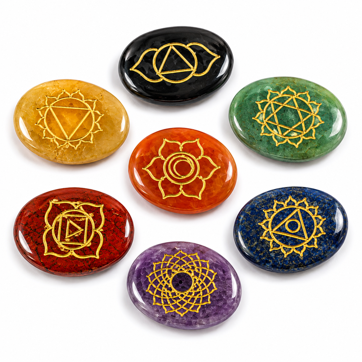 7 Chakra Oval Crystal Stone Set | Polished Engraved Healing Crystals