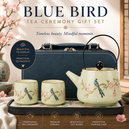 Blue Bird Tea Ceremony Gift Set | Teapot & Two Cups with Luxury Storage Case