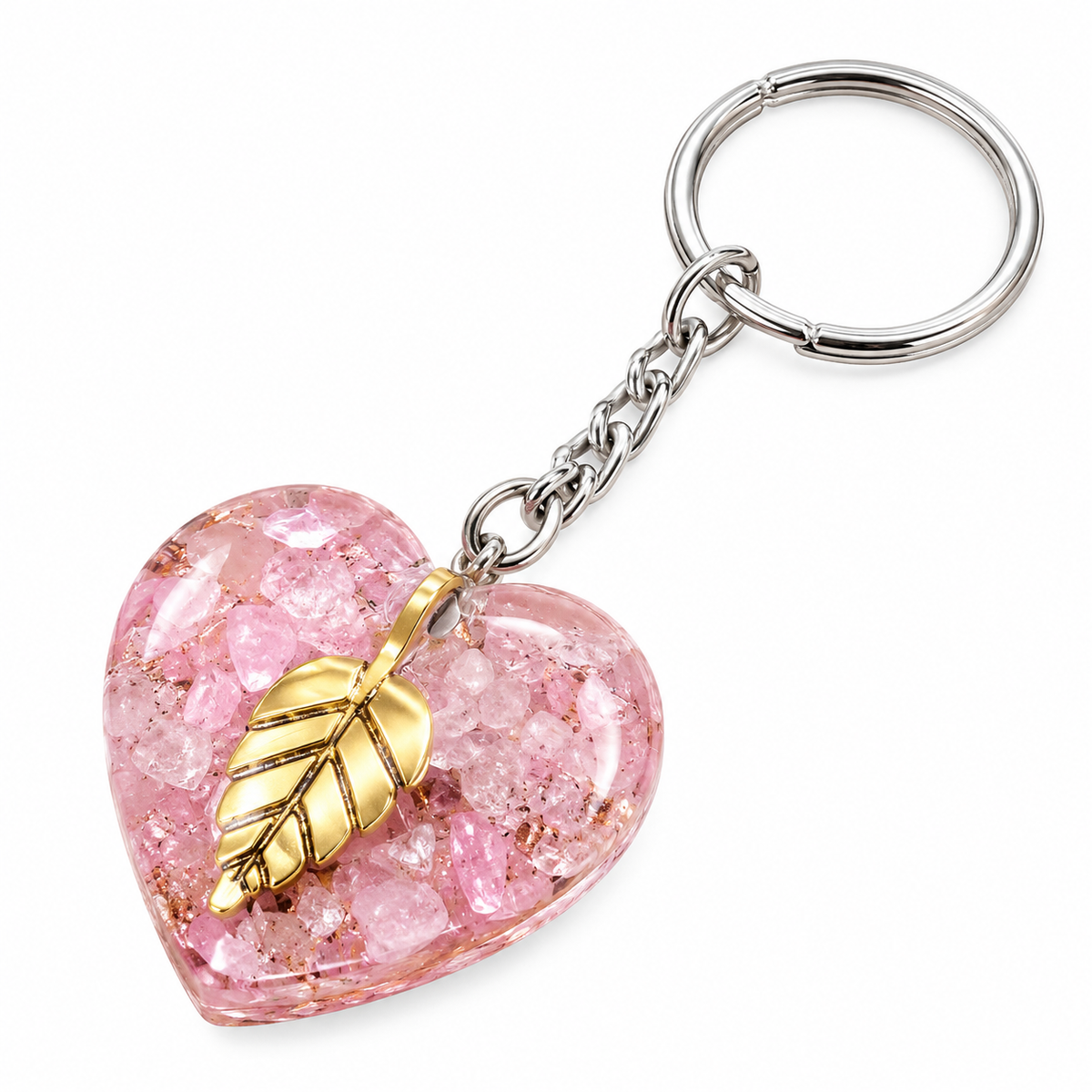 Rose Quartz Golden Leaf Orgonite Heart Keyring