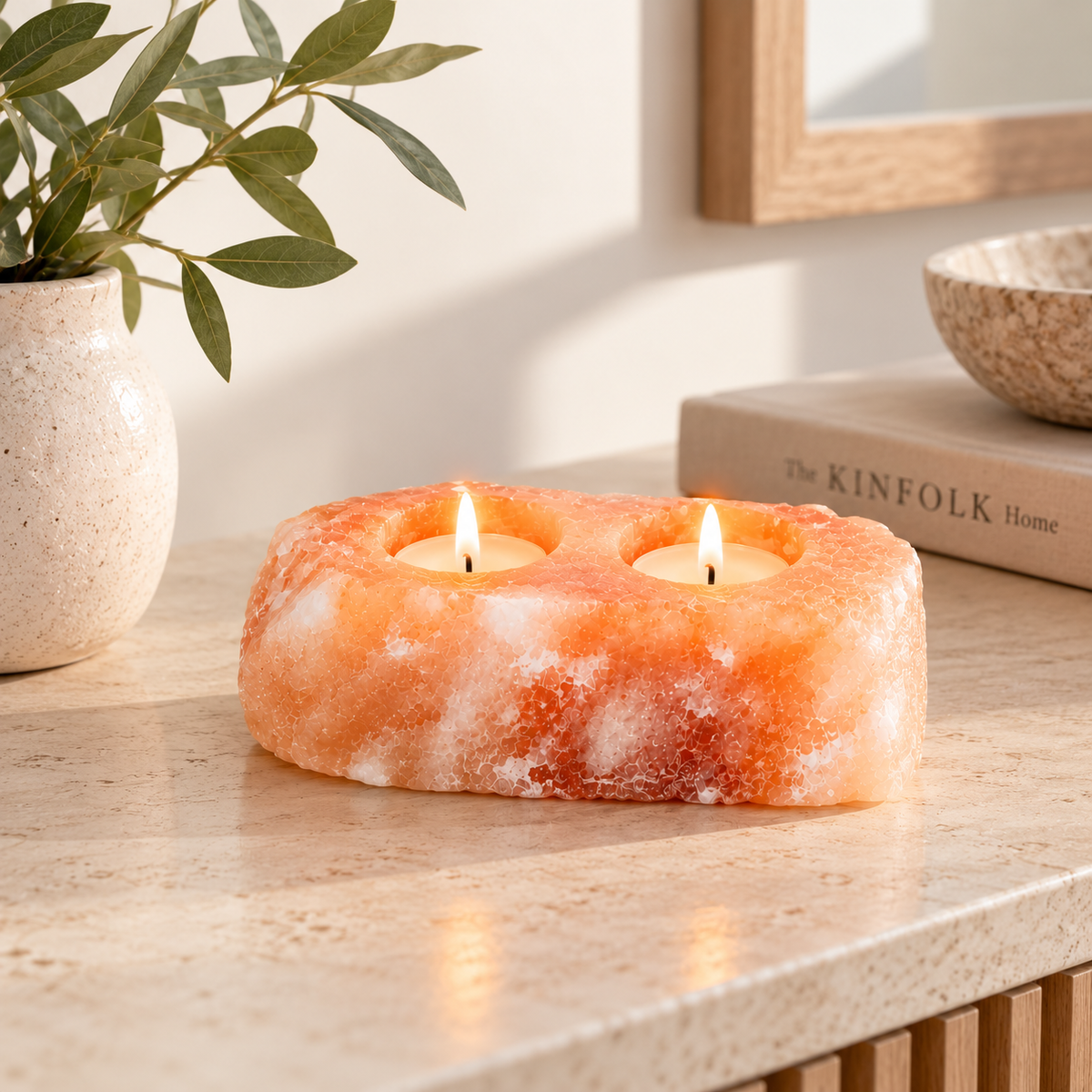 Himalayan Salt Double Tealight Holder | Natural Pink - Crystal Nest