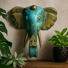 Large Wooden Hand-Carved Elephant Head | Gold & Turquoise - Crystal Nest