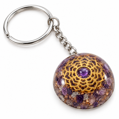 Amethyst Orgonite Golden Mandala Keyring