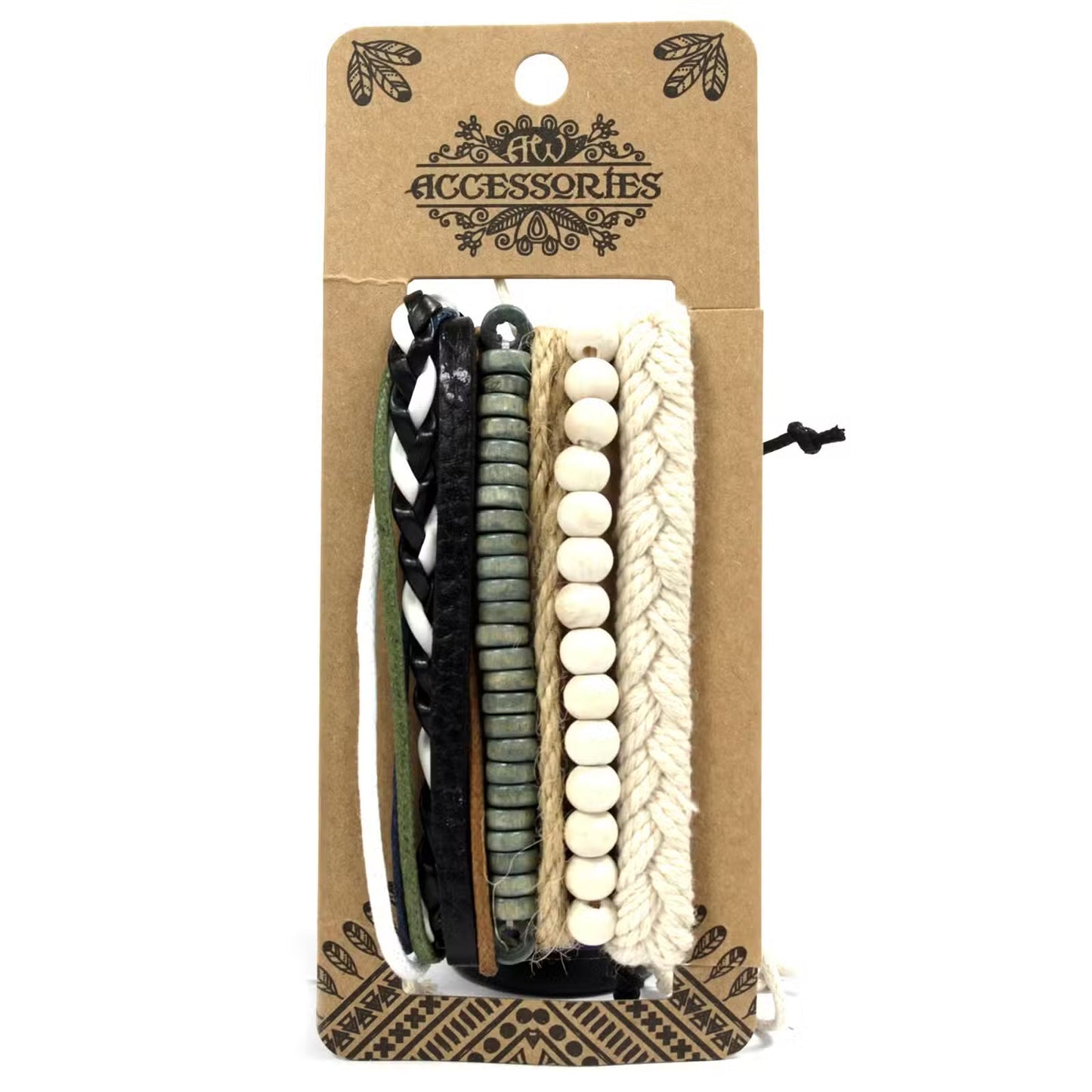 Men’s Bracelet Set – Green & Natural | Adjustable Leather, Cord & Bead Bracelets - Crystal Nest