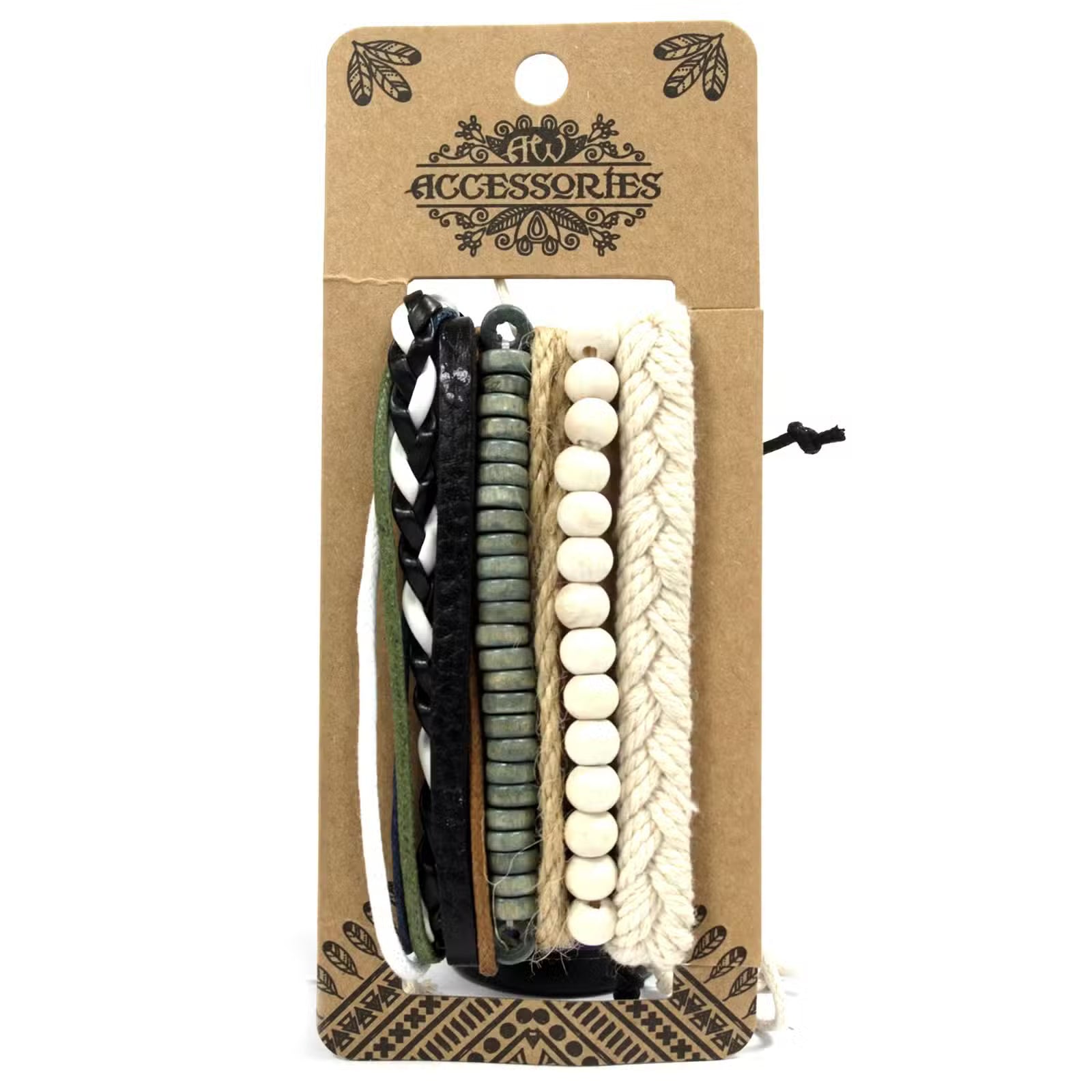 Men’s Bracelet Set – Green & Natural | Adjustable Leather, Cord & Bead Bracelets - Crystal Nest