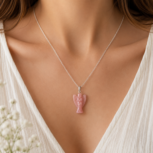 Strawberry Quartz Angel Pendant | Sterling Silver