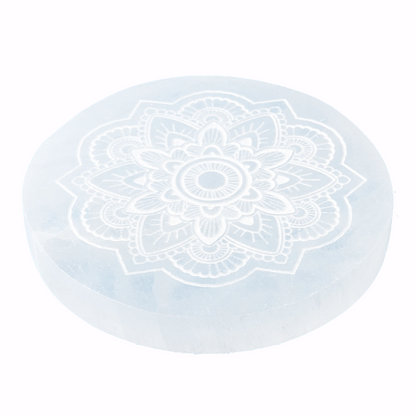 Selenite Charging Disc with Etched Flower Design | 10cm - Crystal Nest