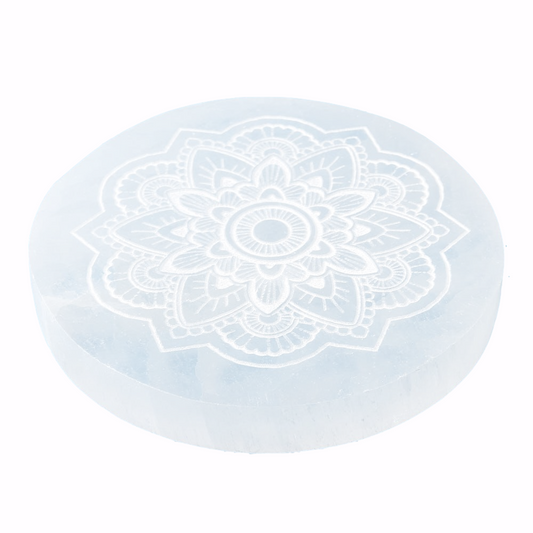 Selenite Charging Disc with Etched Flower Design | 10cm - Crystal Nest