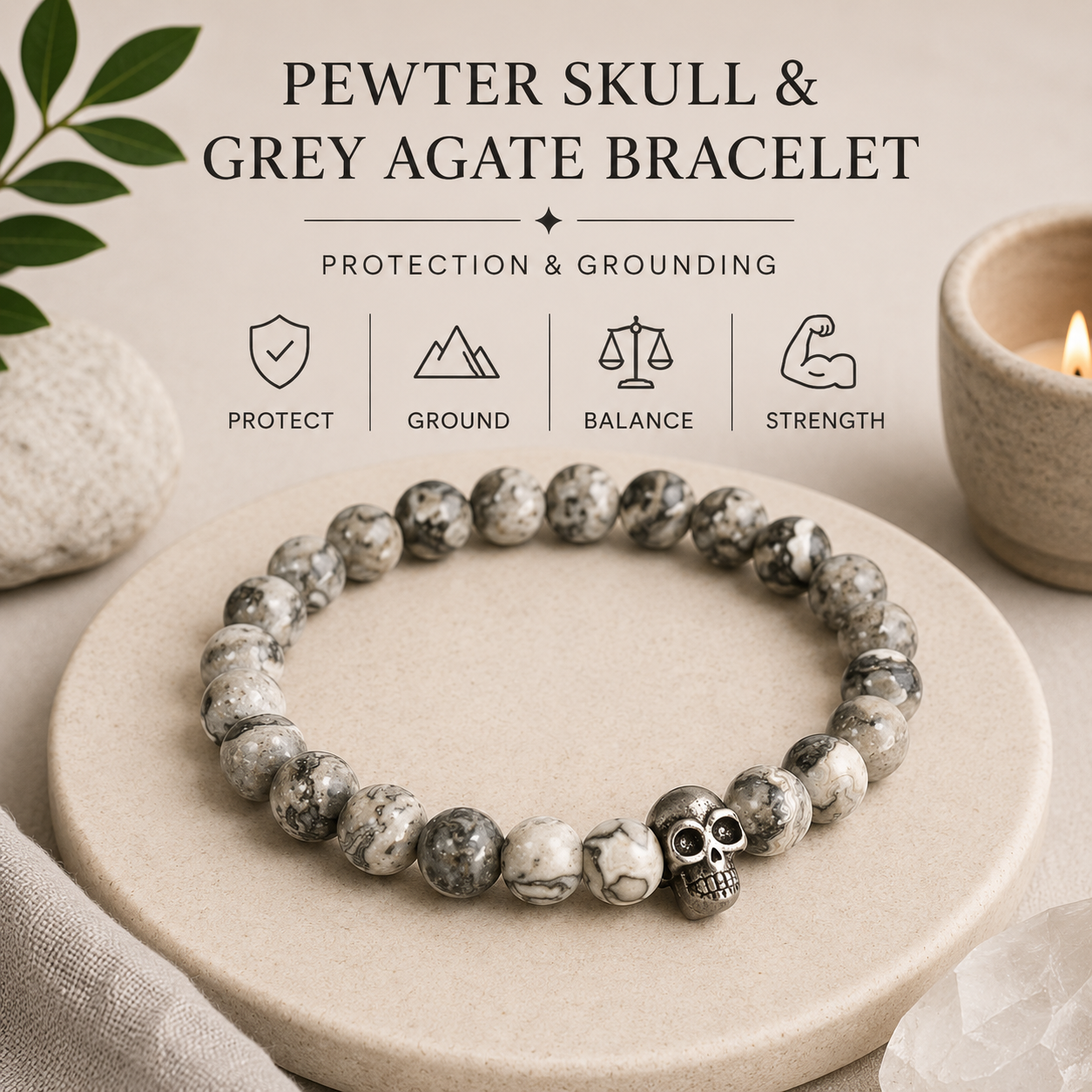 Pewter Skull & Grey Agate Bracelet | Protection & Grounding