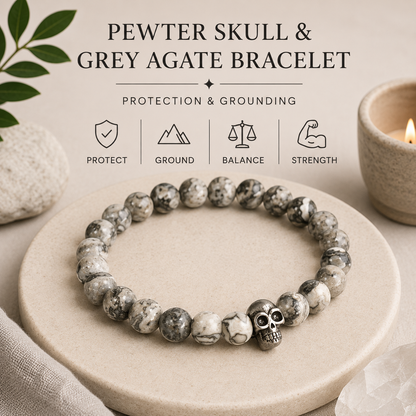 Pewter Skull & Grey Agate Bracelet | Protection & Grounding