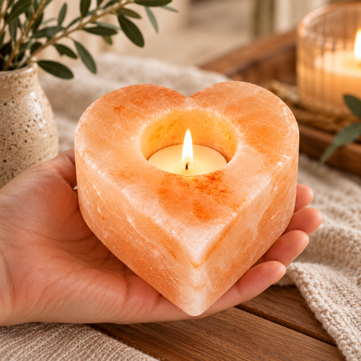 Himalayan Salt Heart Tealight Holder | Natural Pink - Crystal Nest