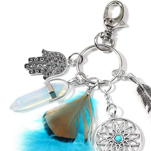 Protection Charm Keychain | Evil Eye, Hamsa, Suncatcher, Opalite & Feather - Crystal Nest