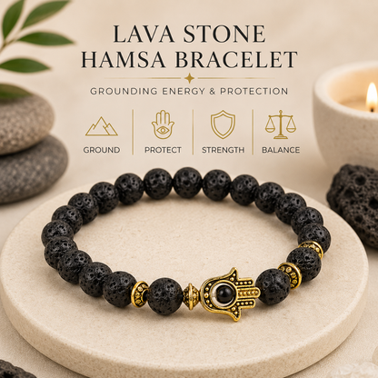 Lava Stone Hamsa Bracelet | Grounding & Protection